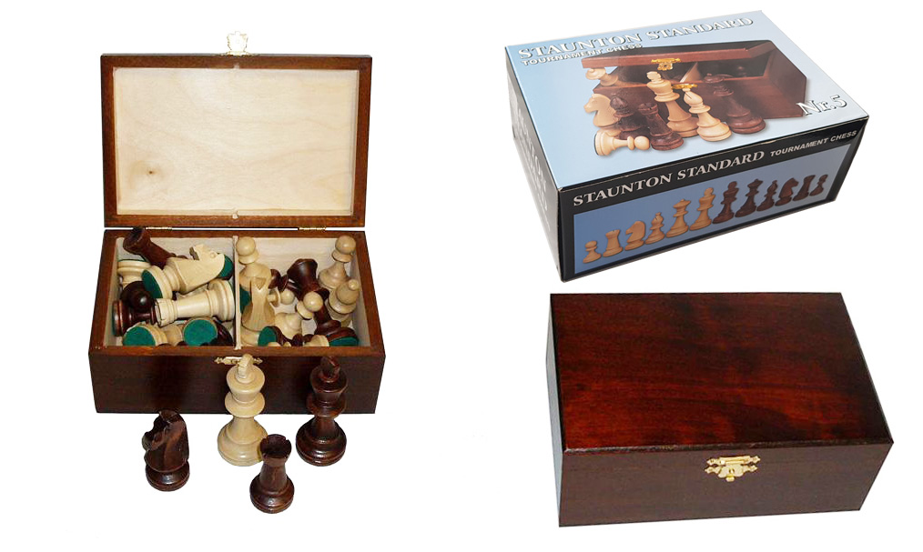 Figury szachowe 3167 Staunton N5, drewniane, brązowe, 19x13x7.5 cm, w drewnianym pudełku