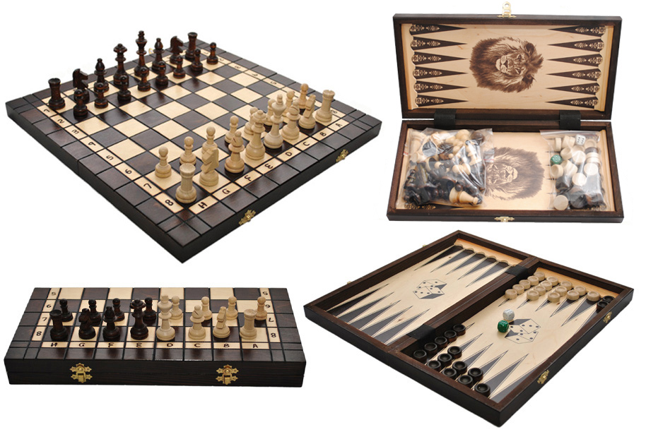 Szachy 3179 + warcaby + backgammon, drewniane, brązowe, 40.5 x 19.5 x 5 cm
