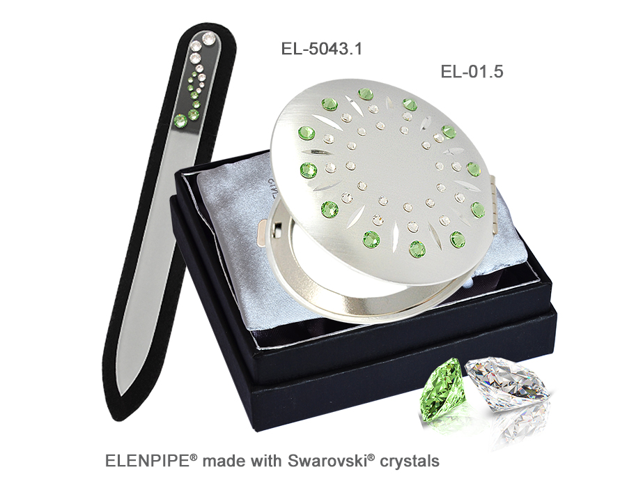Komplet lusterko EL-01.5 Green Sun+pilnik EL-5043.1 Wave 13 cm zielony Swarovski® crystals 
