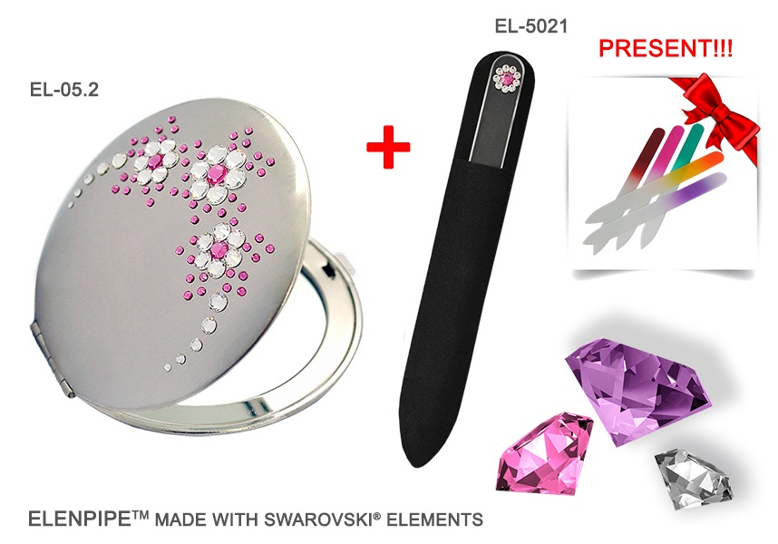 Lusterko EL-05.2 "Flowers V Pink" + Pilnik EL-5021 "Flower Pink" ze Swarovski® crystals 13 cm