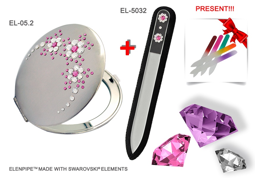 Lusterko EL-05.2 "Flowers V Pink" + Pilnik EL-5032 "Two Flowers Pink" ze Swarovski® crystals 13 cm