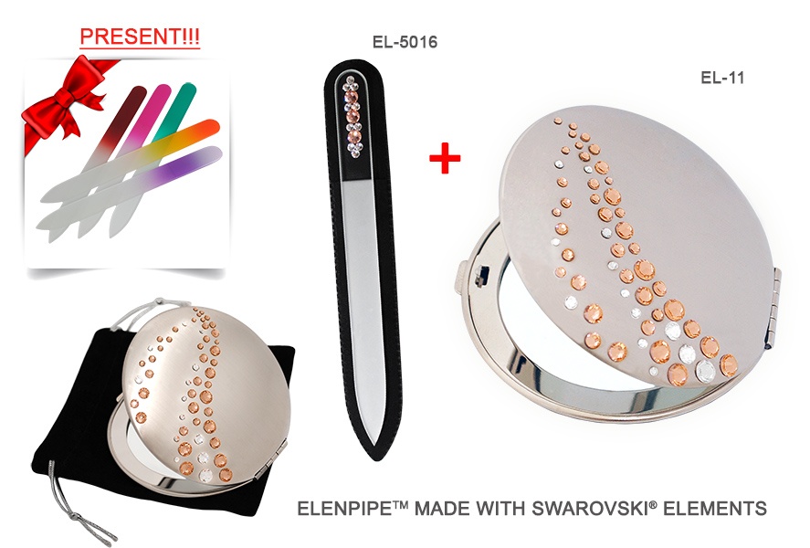 Lusterko EL-11 "Wave I Peach" + Pilnik EL-5016 "Line Peach" ze Swarovski® crystals 13 cm