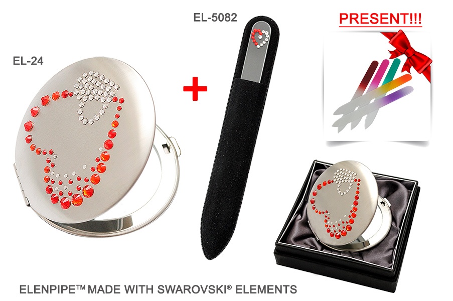 Lusterko EL-24 "Red Hearts" + Pilnik EL-5082 "Heart Red" ze Swarovski® crystals 13 cm