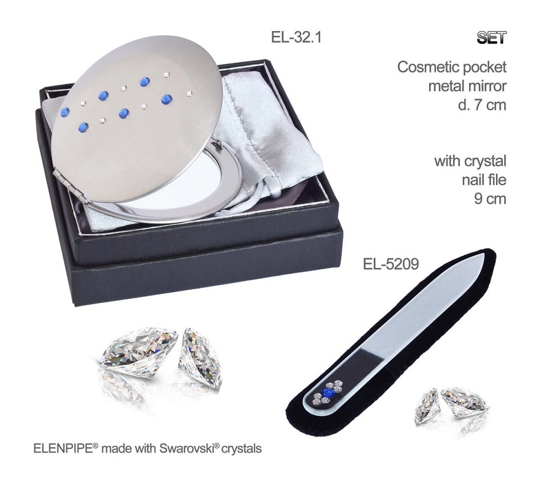 Komplet Lusterko EL-32.1 "Duo Line Blue" + Pilnik EL-5209 "Light Blue" ze Swarovski® crystals 9 cm