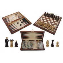 Szachy 1068 + warcaby + backgammon drewniane, brązowe, 28x14x3.8 cm 