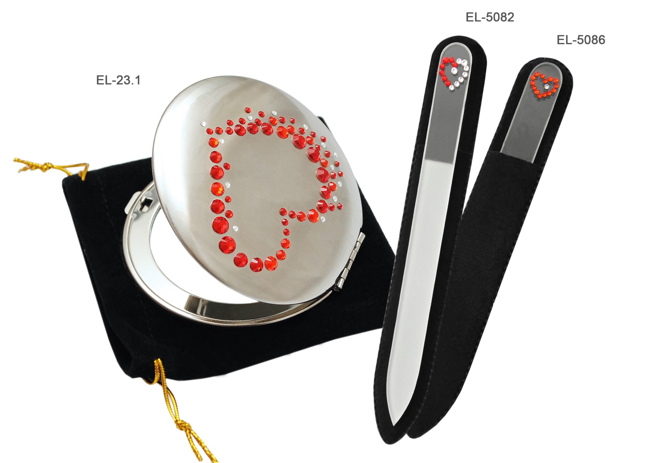 Komplet Lusterko EL-23.1 "Serce" + Pilnik 13 cm EL-5086 "Heart Red" ze Swarovski® crystals 