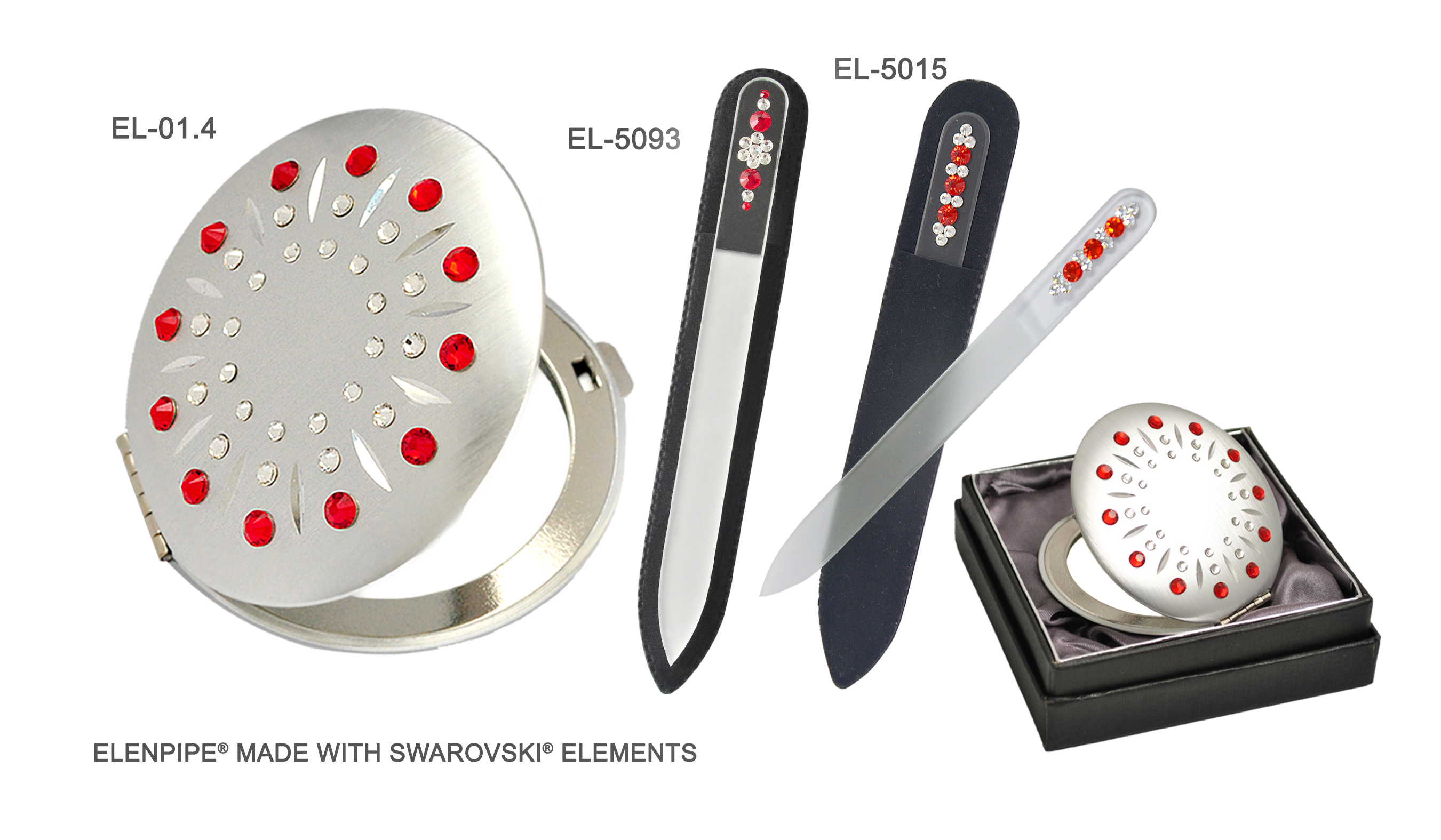 Komplet lusterko EL-01.4 Red Sun + pilnik czerwony EL-5015 albo EL-5093 Swarovski® crystals kosmetyczne