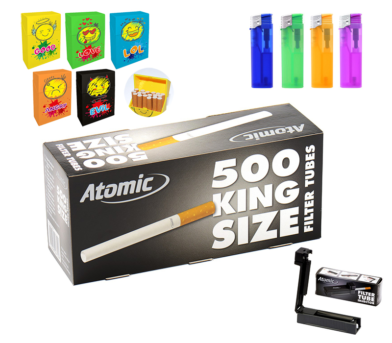 Zestaw do papierosów 0402500 Atomic: gilzy 8 mm, nabijarka, zapalniczka, etui