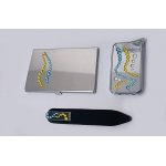 Zestaw wizytownik EL-4343 "Wave Yellow Azur" +pilnik+zapalniczka Swarovski crystal 9.5x6 cm metalowy